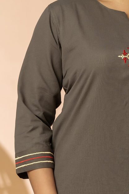 Dark Grey Cotton Flex Embroidery Women Long Kurta