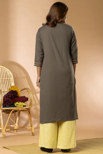 Dark Grey Cotton Flex Embroidery Women Long Kurta