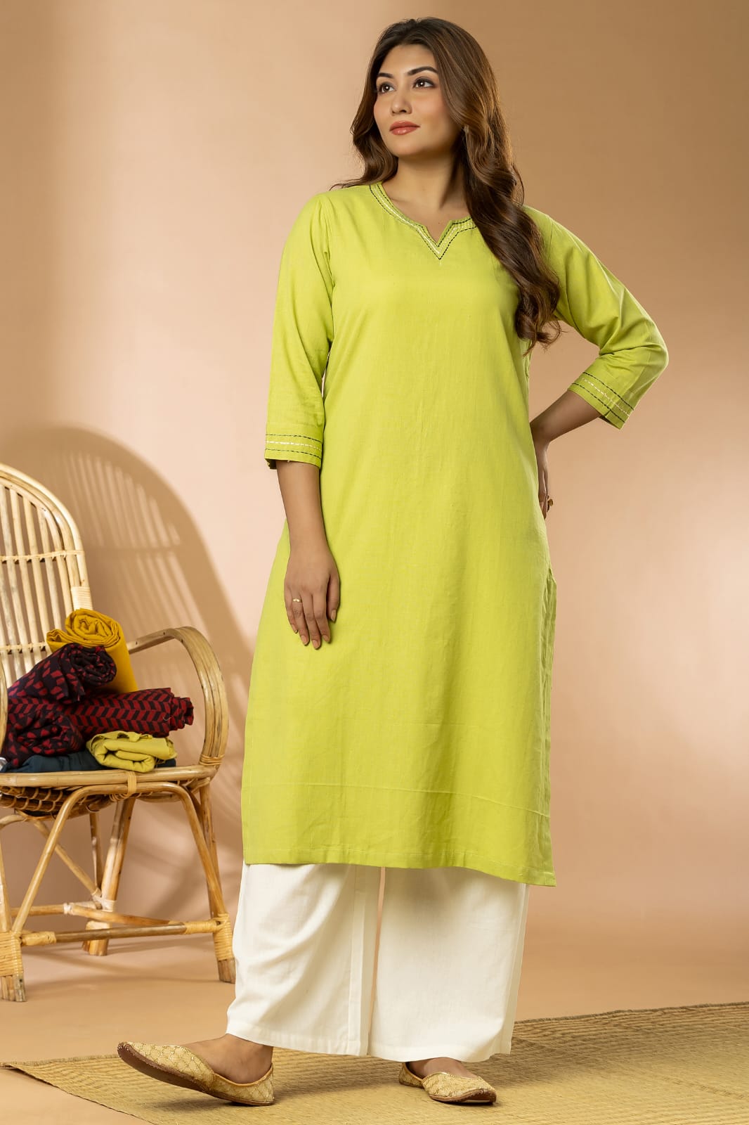 Pista Green Cotton Flex Embroidery Women Long Kurta