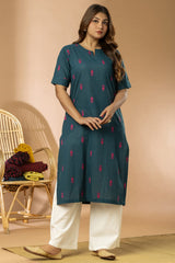 Teal Blue Women Cotton Buta Long Kurta
