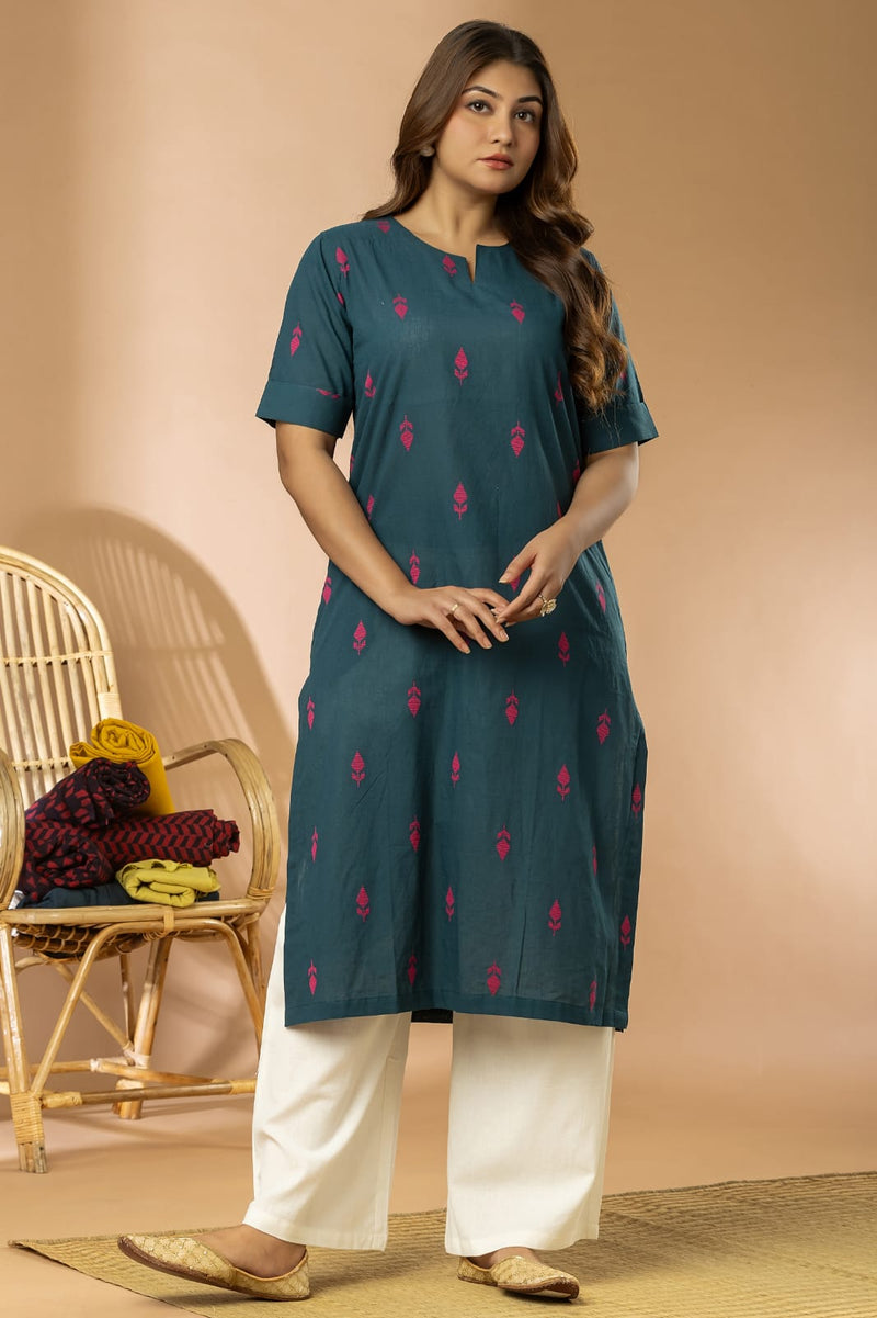 Teal Blue Women Cotton Buta Long Kurta