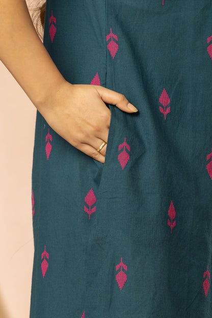 Teal Blue Women Cotton Buta Long Kurta