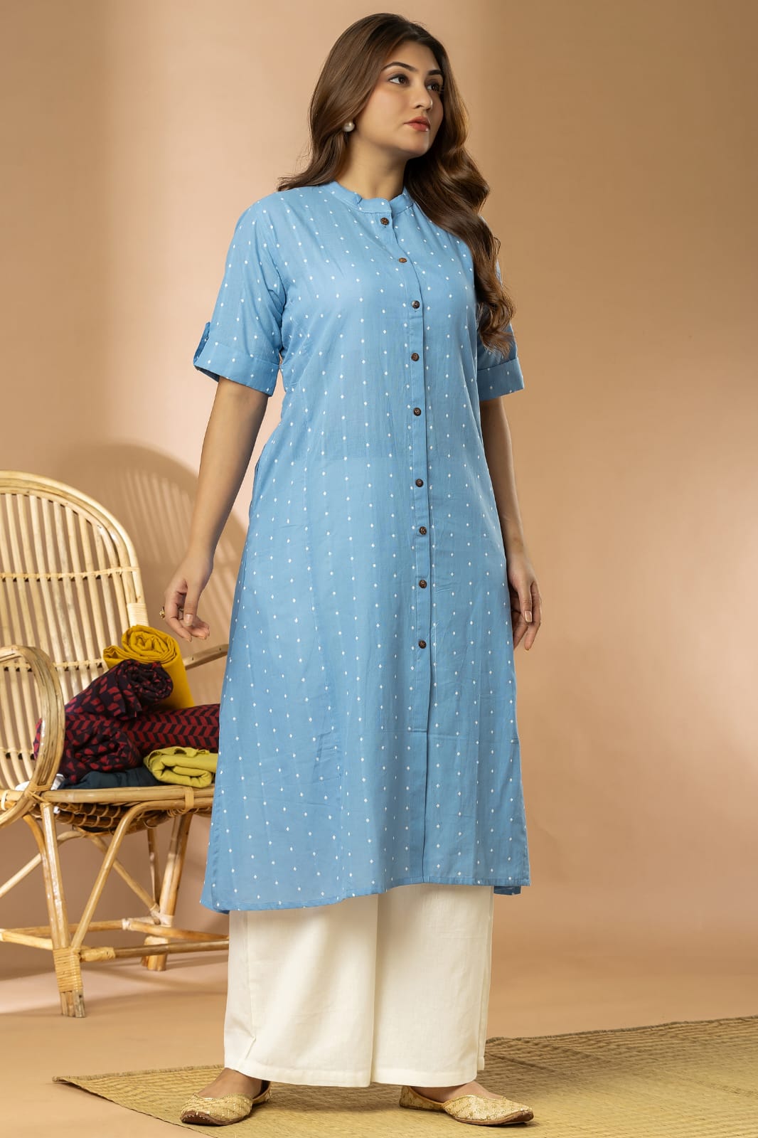 Blue Women Cotton Buta Long Kurta