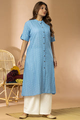 Blue Women Cotton Buta Long Kurta