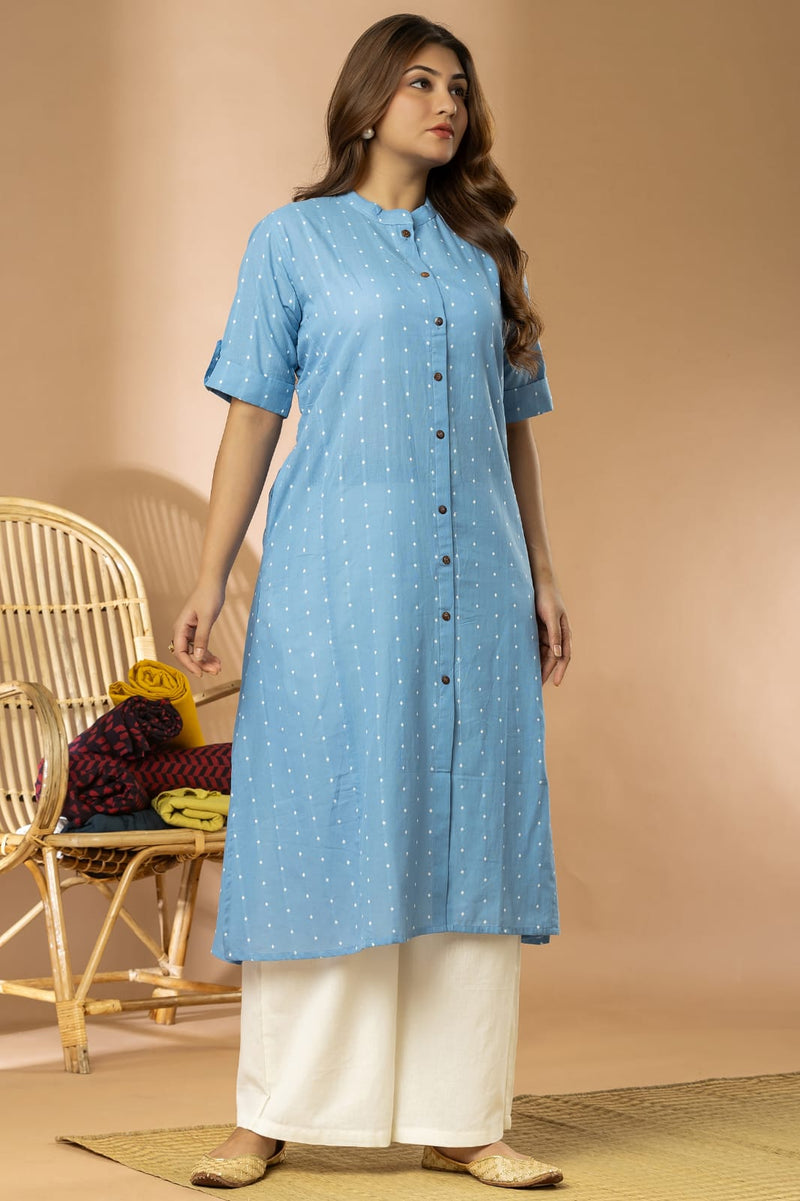 Blue Women Cotton Buta Long Kurta