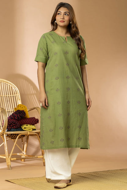 Sage Green Women Cotton Buta Long Kurta