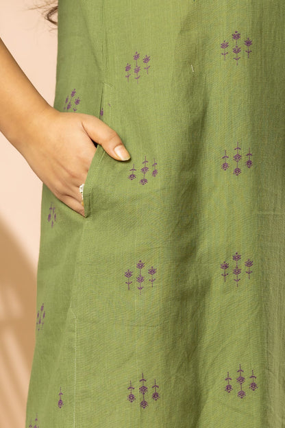 Sage Green Women Cotton Buta Long Kurta