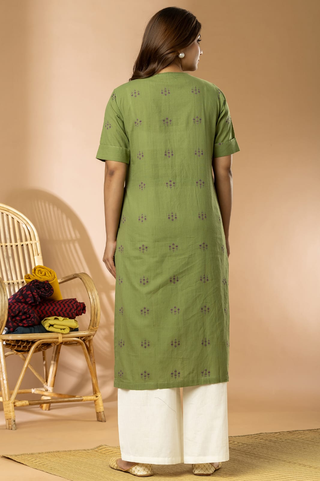 Sage Green Women Cotton Buta Long Kurta