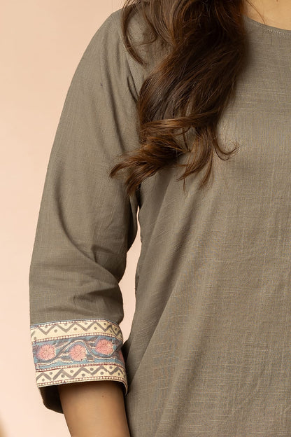 Grey Cotton Slub Angrakha Women Long Kurta