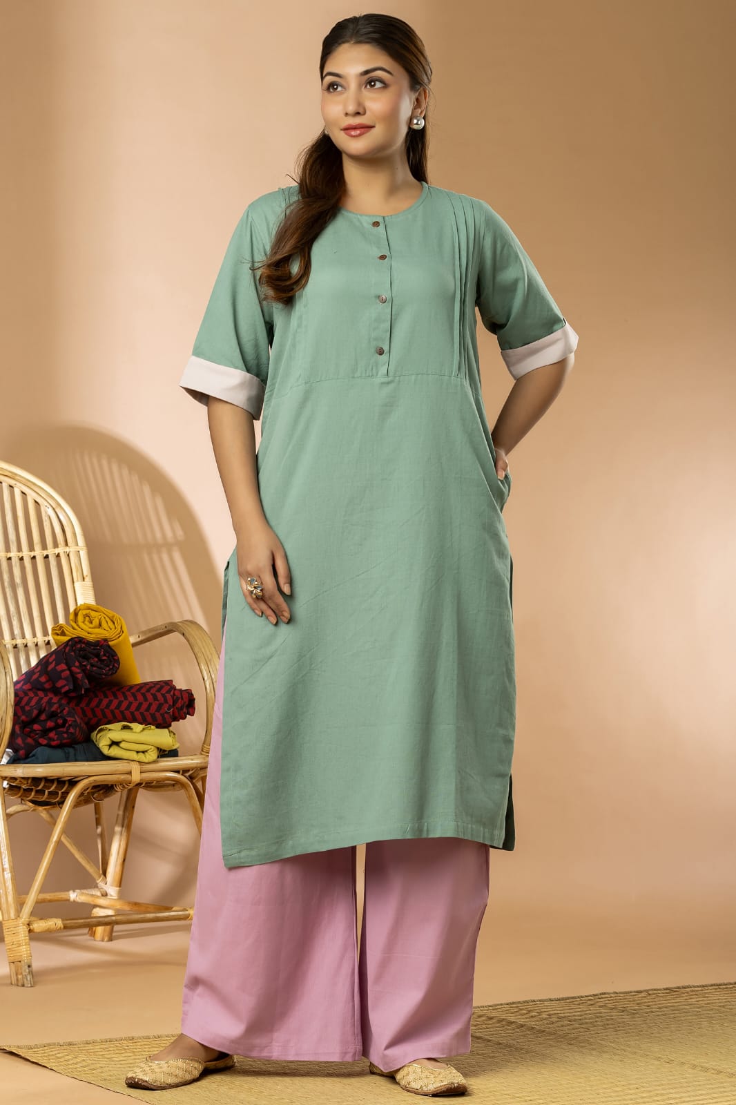 Green Pintuck Cotton Long Kurta
