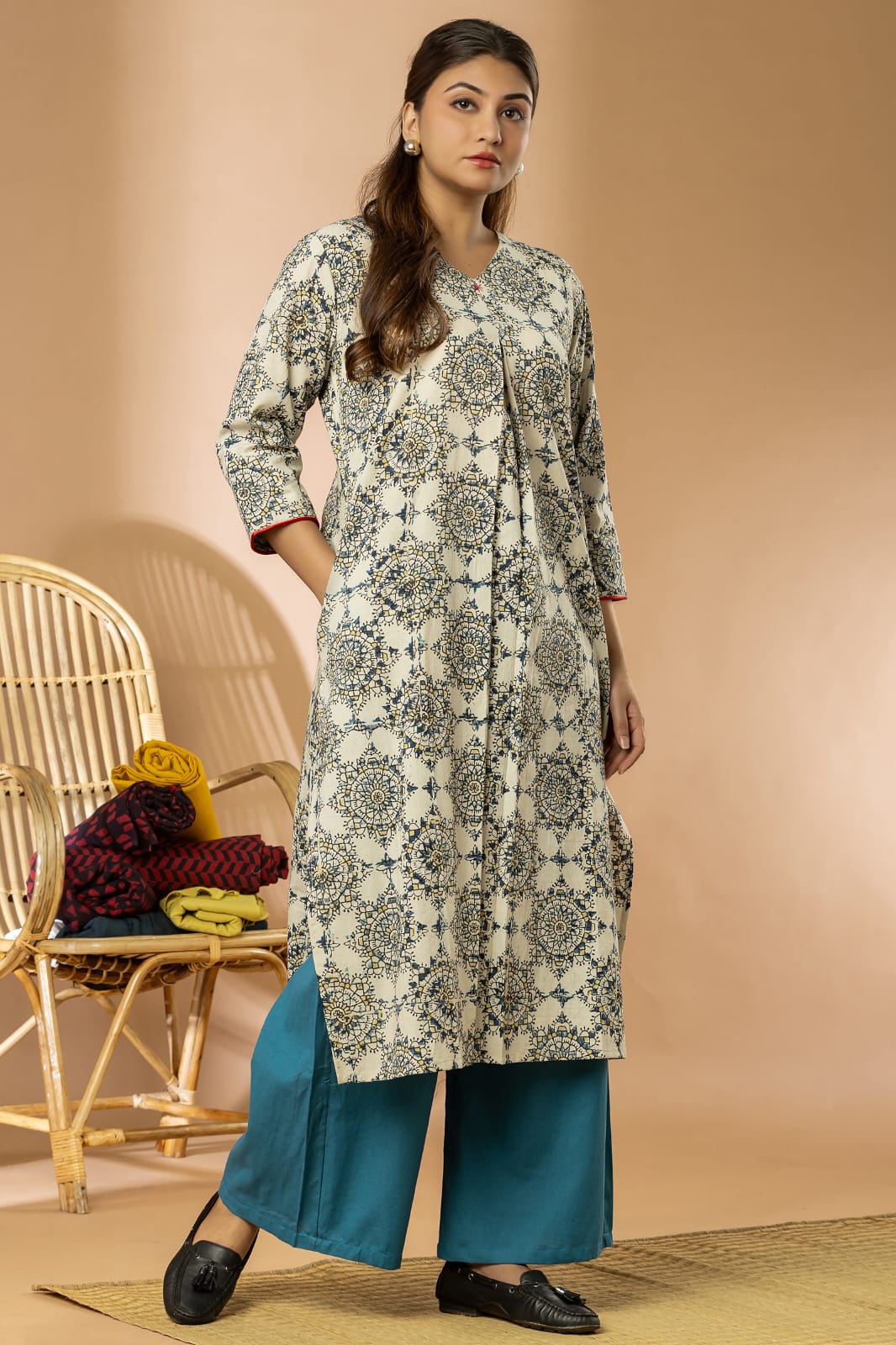 Ivory Women Ajrakh Long Kurta