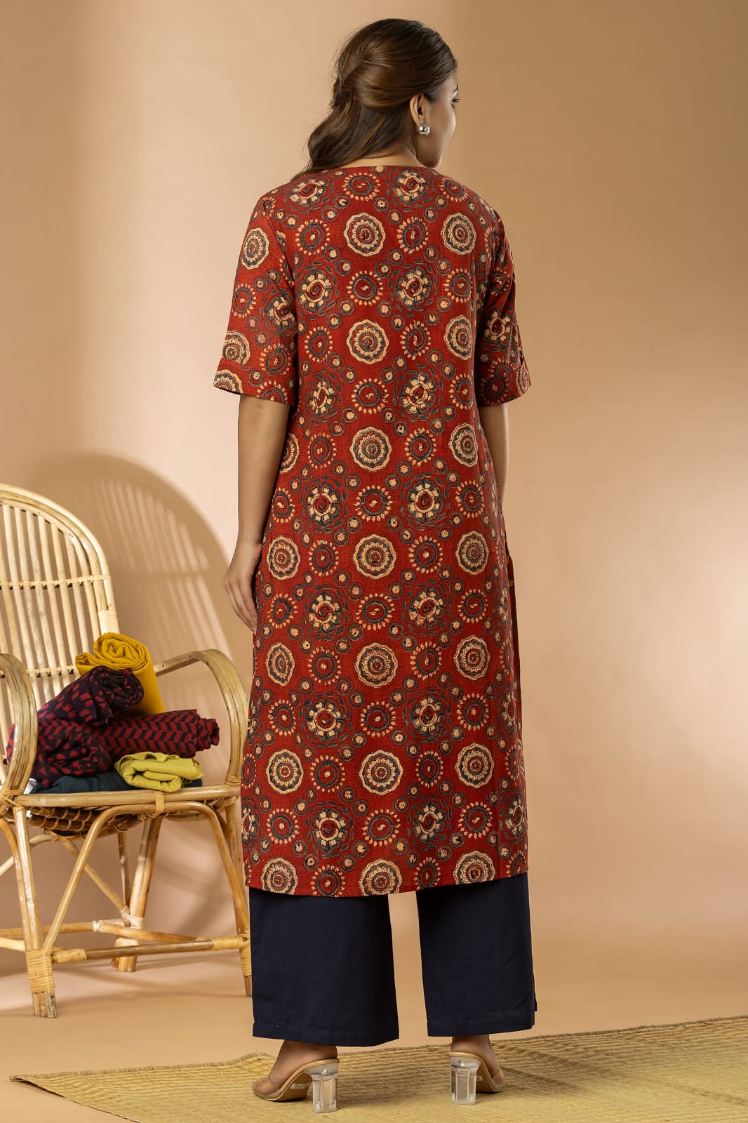 Red Women Ajrakh Long Kurta