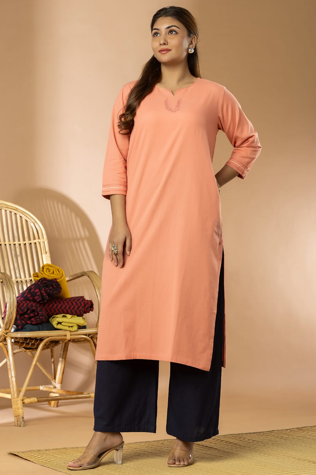 Pink Cotton Flex Embroidery Women Long Kurta