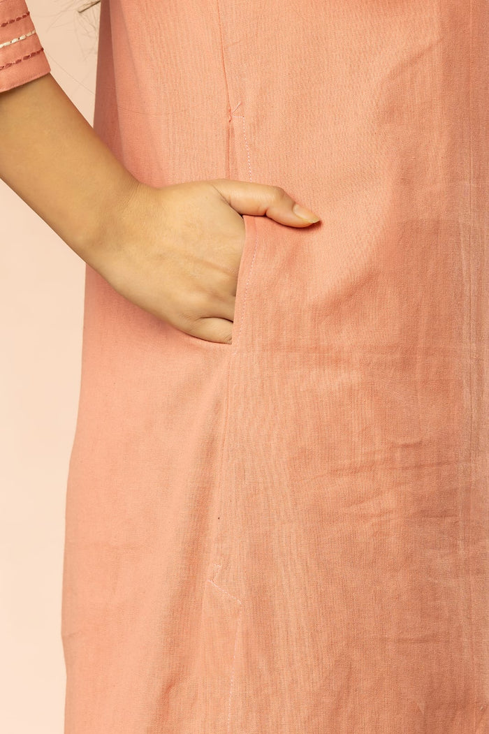 Pink Cotton Flex Embroidery Women Long Kurta