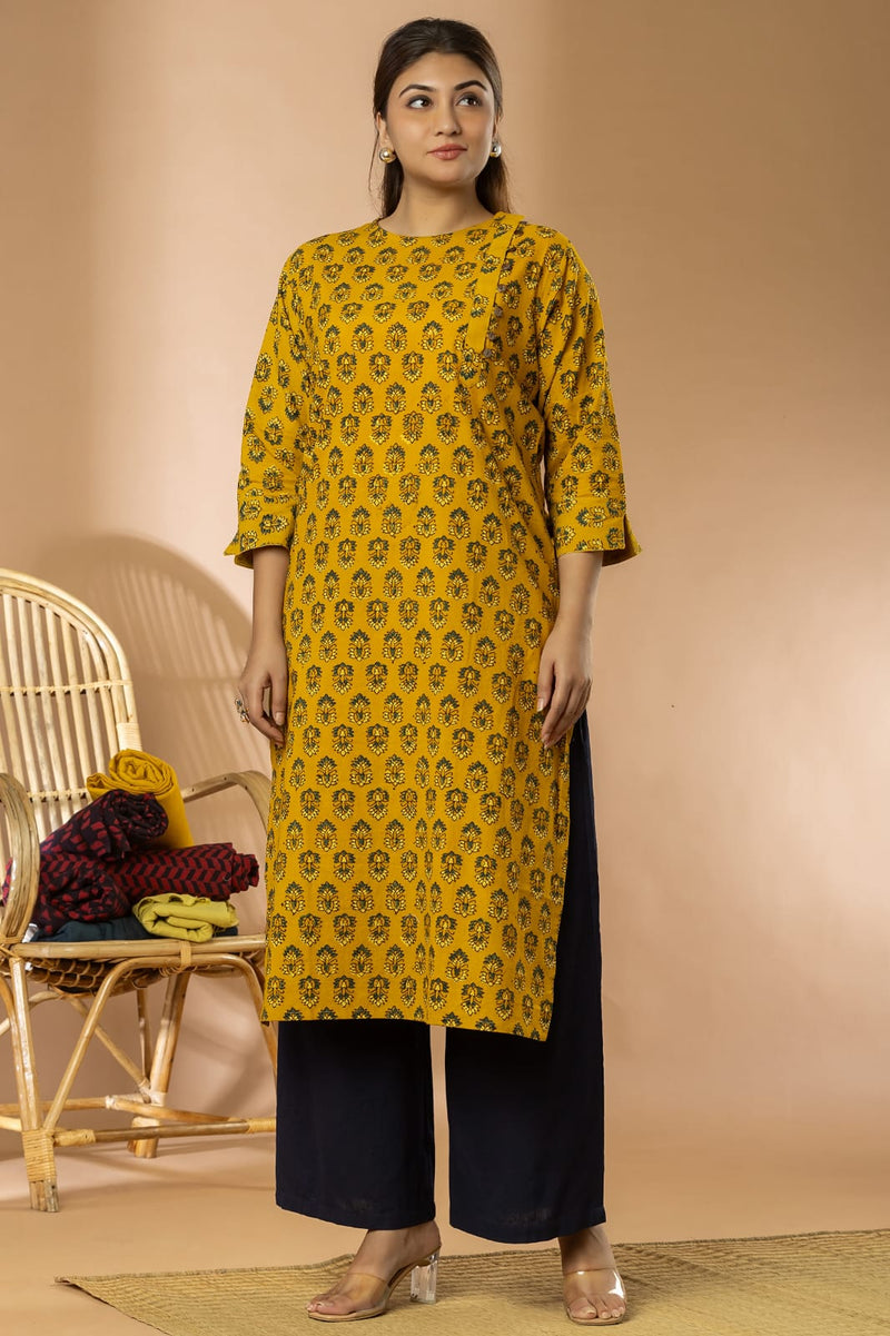 Mustard Women Ajrakh Long Kurta
