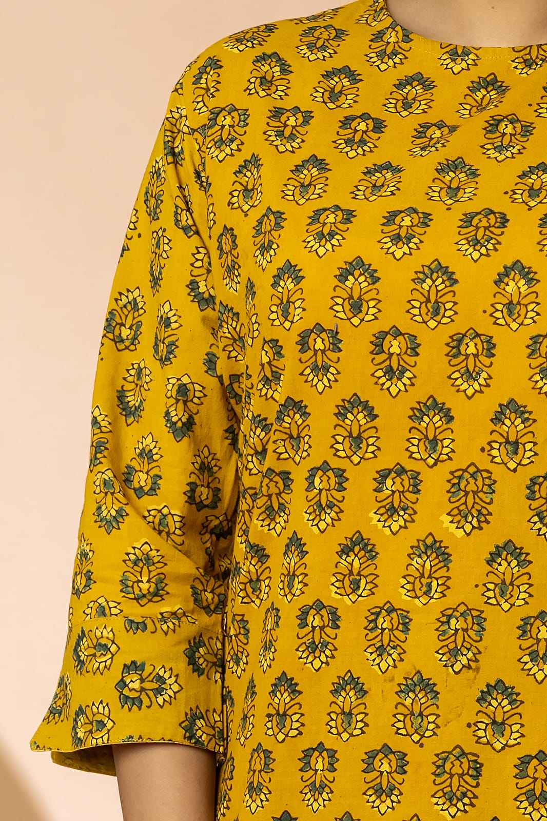 Mustard Women Ajrakh Long Kurta