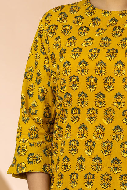Mustard Women Ajrakh Long Kurta