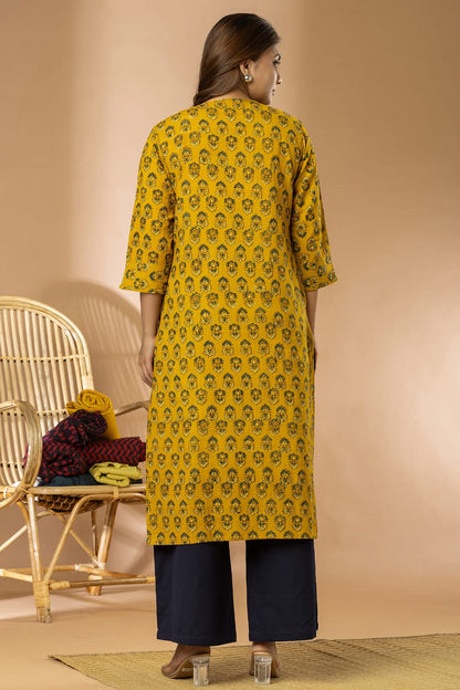 Mustard Women Ajrakh Long Kurta