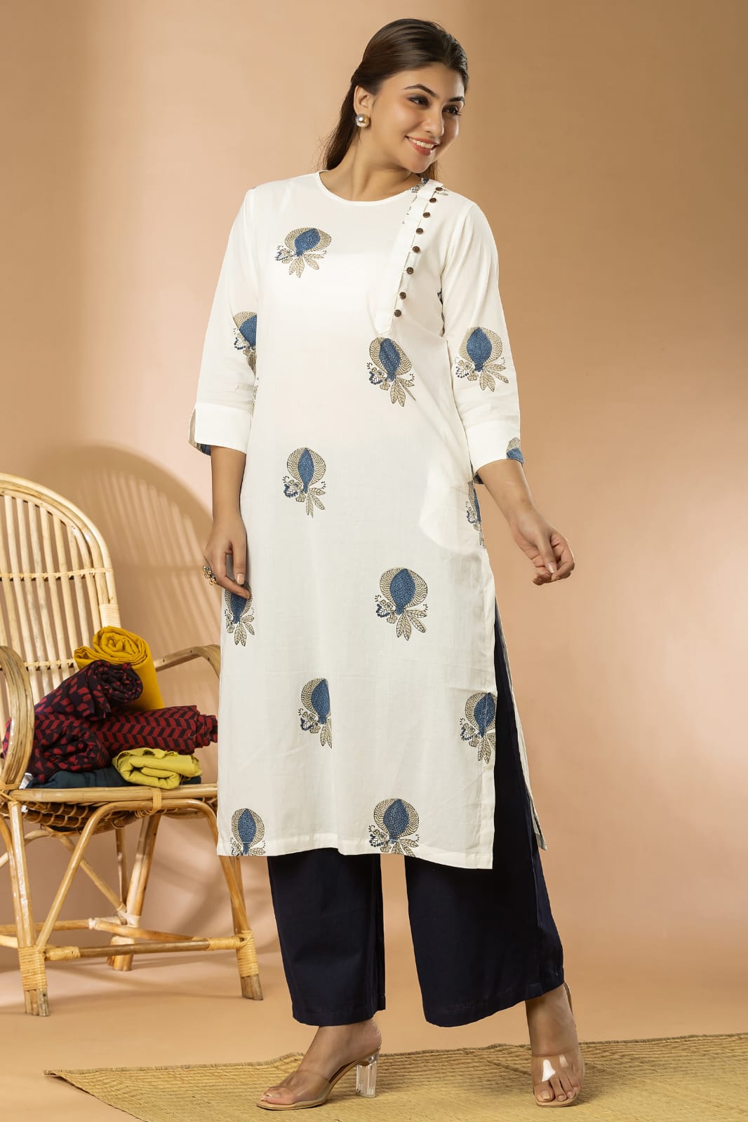 White Sanganeri Angrakha Women Long Kurta