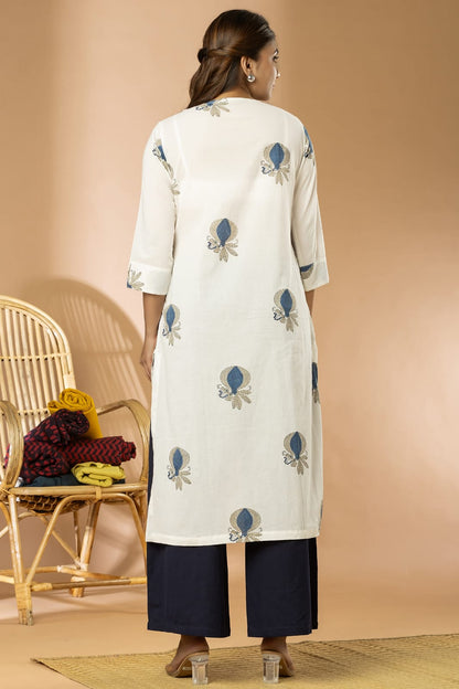 White Sanganeri Angrakha Women Long Kurta