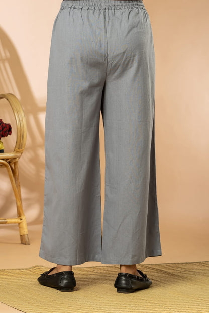 Grey Cotton Flex Women Wide Leg Elastic Pants