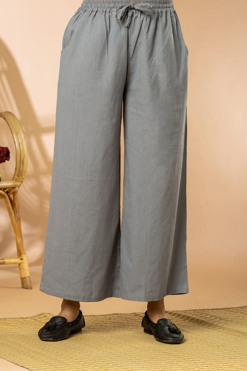 Grey Cotton Flex Women Wide Leg Elastic Pants