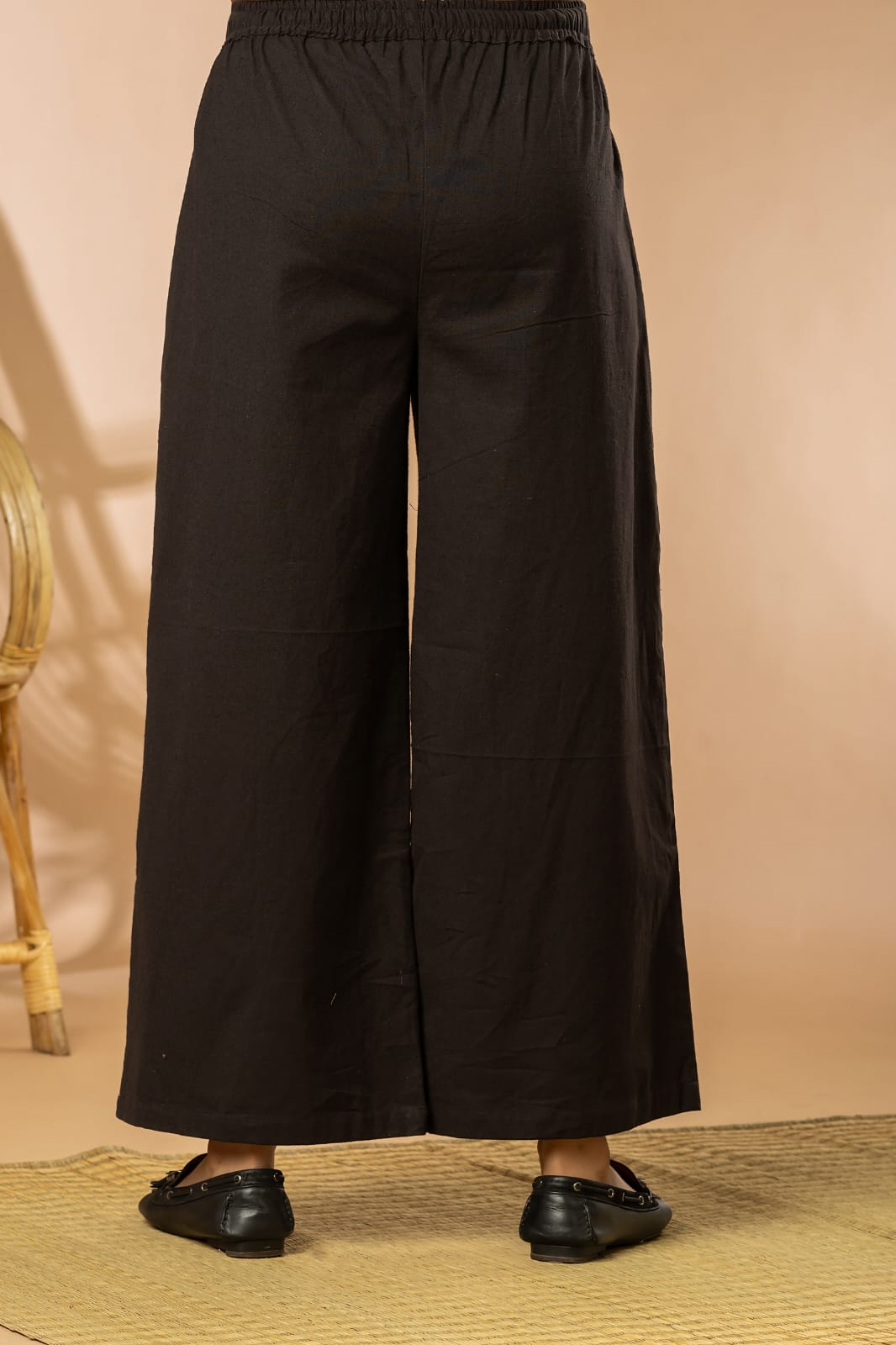 Black Cotton Flex Women Wide Leg Elastic Pants