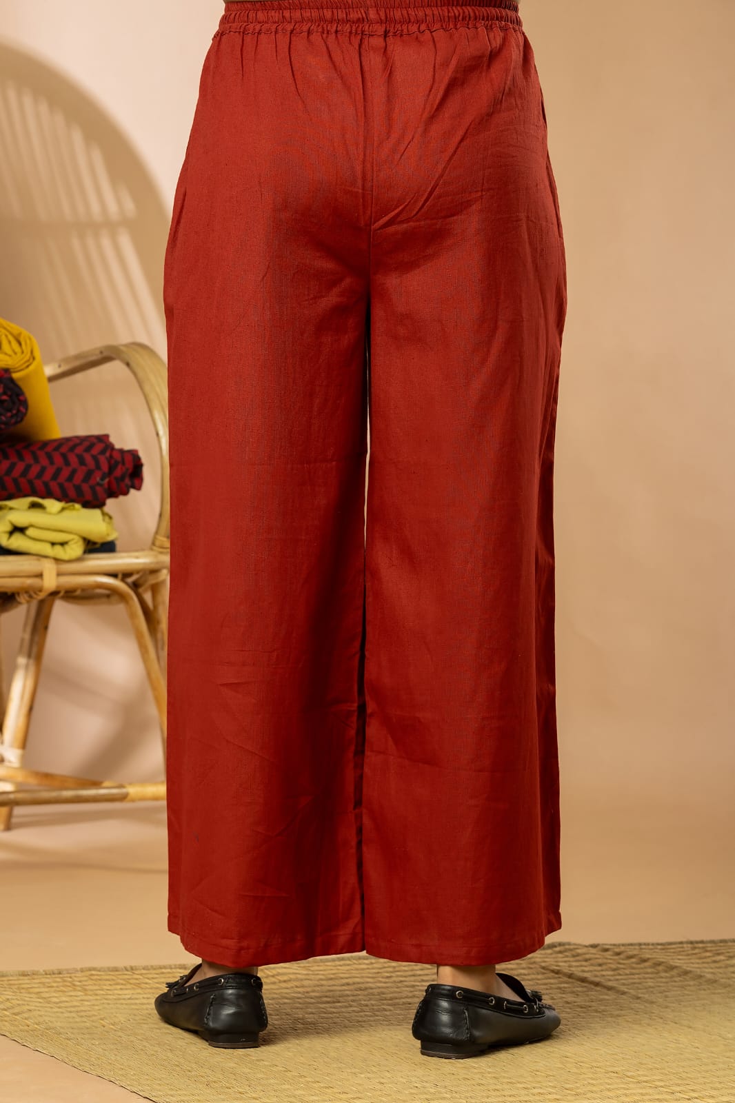 Red Cotton Flex Women Wide Leg Elastic Pants