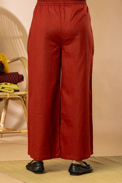 Red Cotton Flex Women Wide Leg Elastic Pants