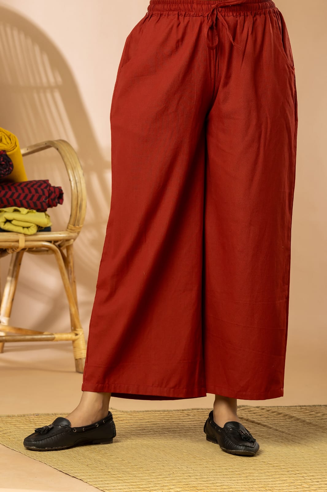 Red Cotton Flex Women Wide Leg Elastic Pants