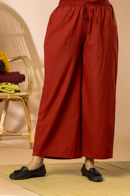 Red Cotton Flex Women Wide Leg Elastic Pants