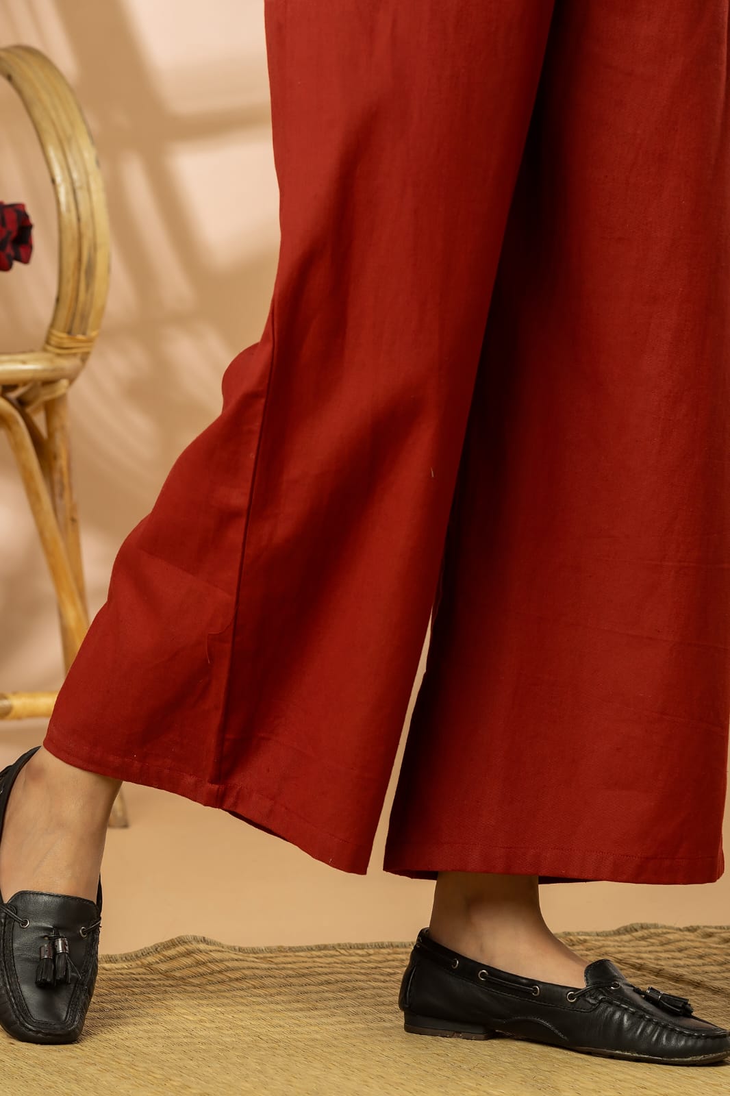 Red Cotton Flex Women Wide Leg Elastic Pants