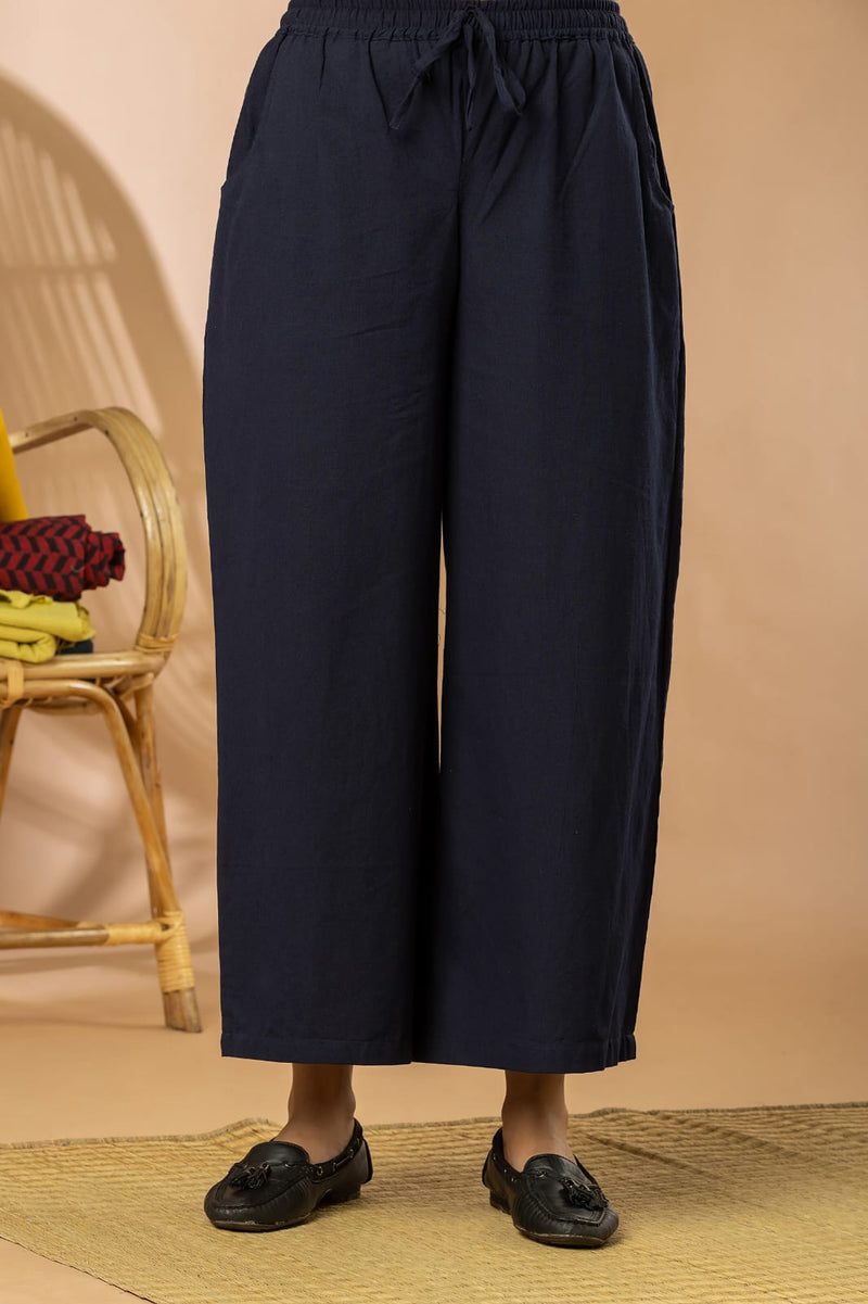 Navy Blue Cotton Flex Women Wide Leg Pants