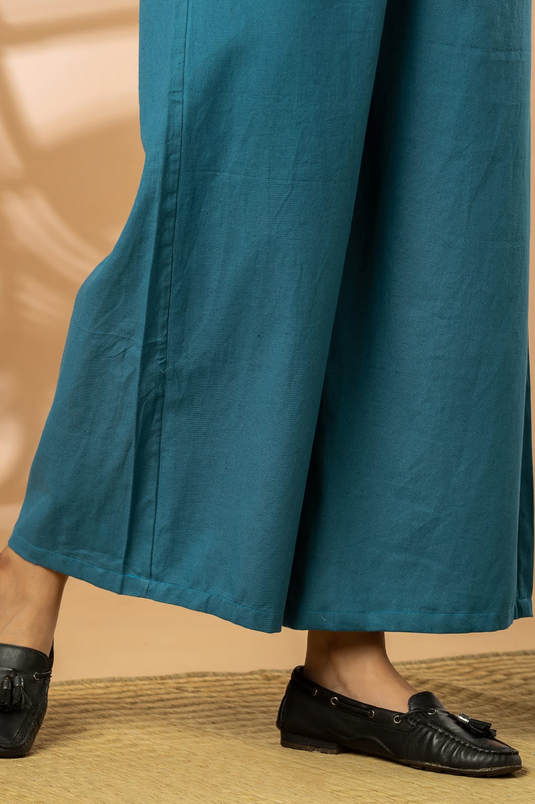 Teal Blue Cotton Flex Women Wide Leg Pants