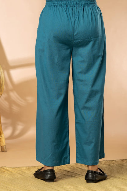 Teal Blue Cotton Flex Women Wide Leg Pants