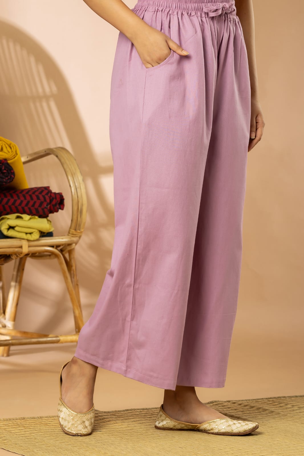Pink Cotton Flex Women Wide Leg Elastic Pants