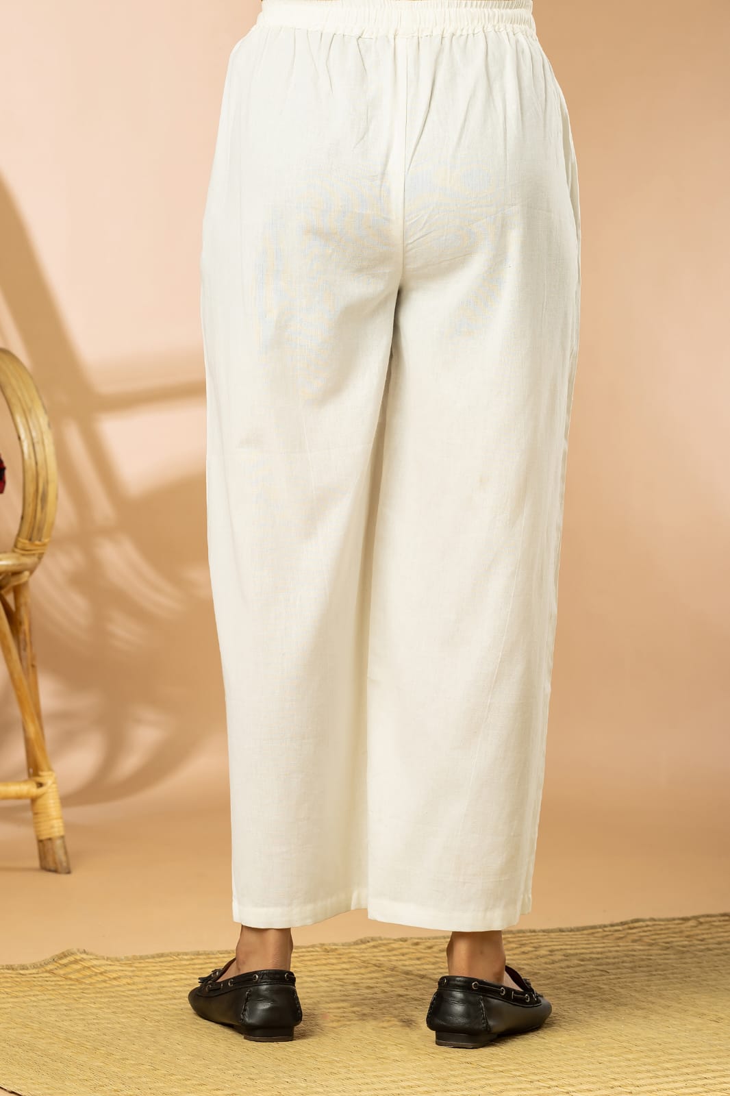 Off-White Cotton Flex Women Wide Leg Elastic Pants