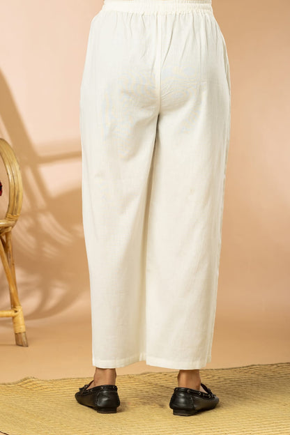 Off-White Cotton Flex Women Wide Leg Elastic Pants