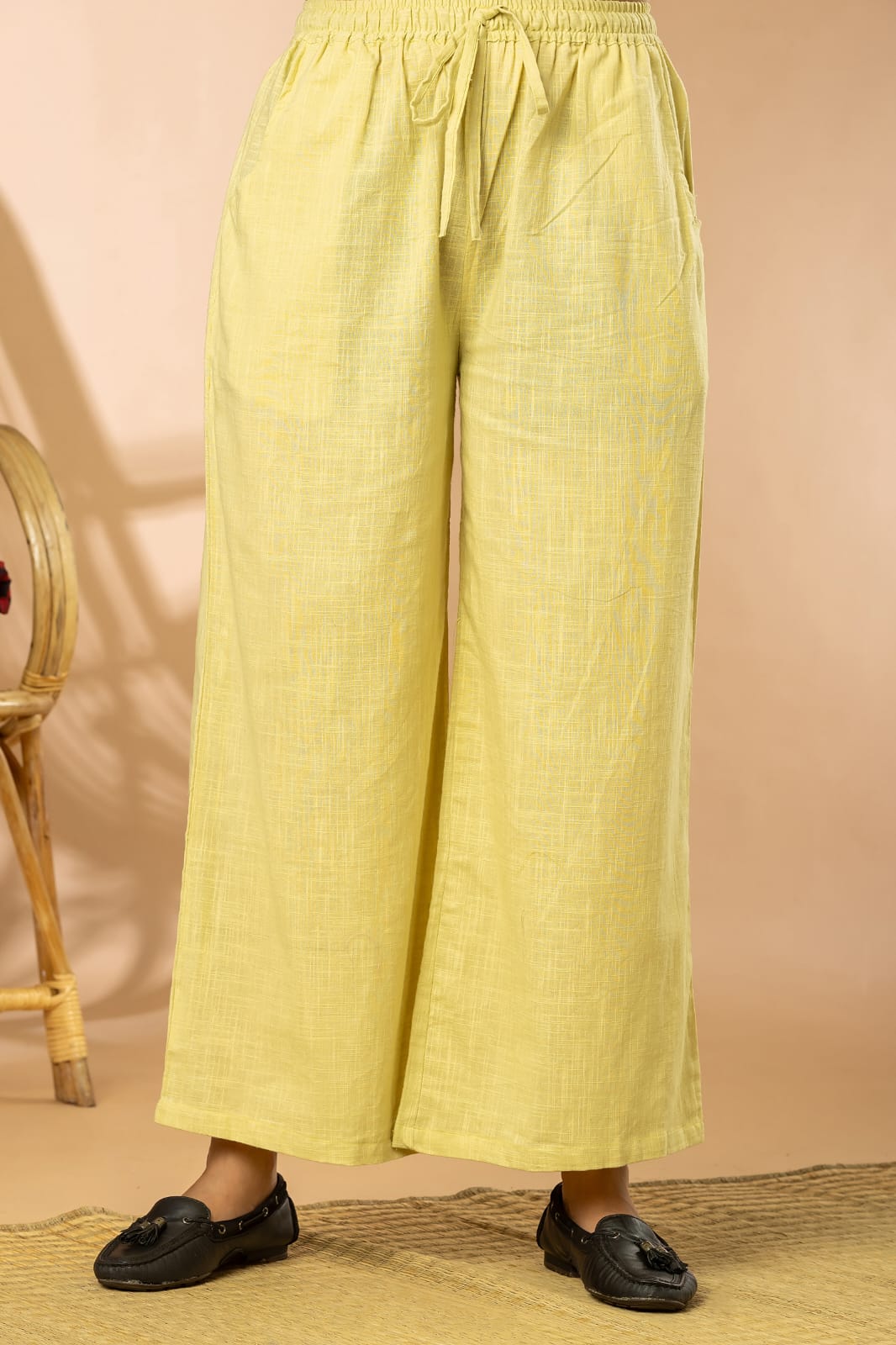 Lemon Cotton Slub Women Wide Leg Elastic Pants
