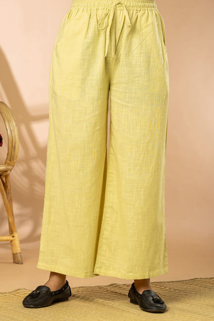 Lemon Cotton Slub Women Wide Leg Elastic Pants