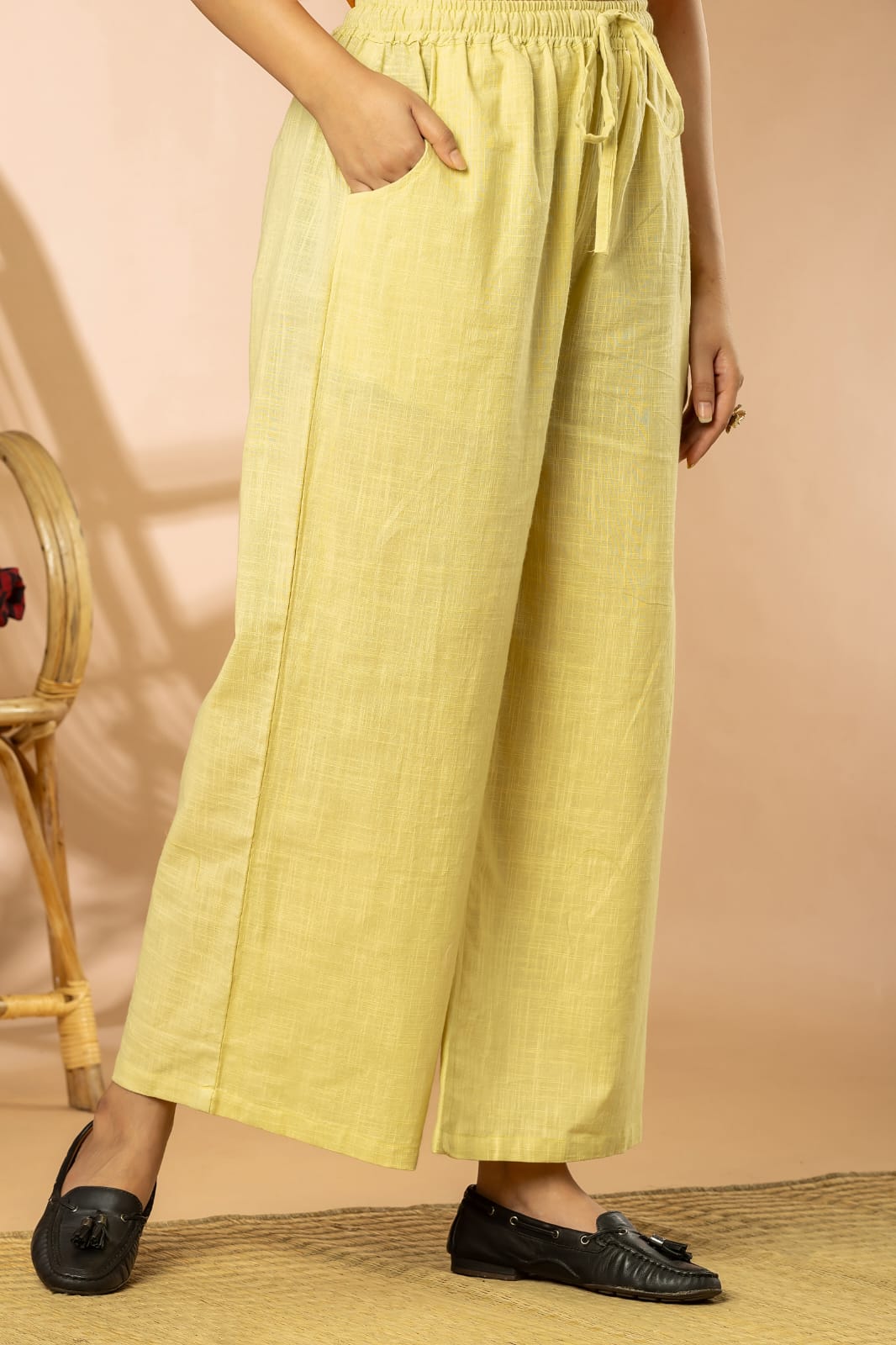 Lemon Cotton Slub Women Wide Leg Elastic Pants